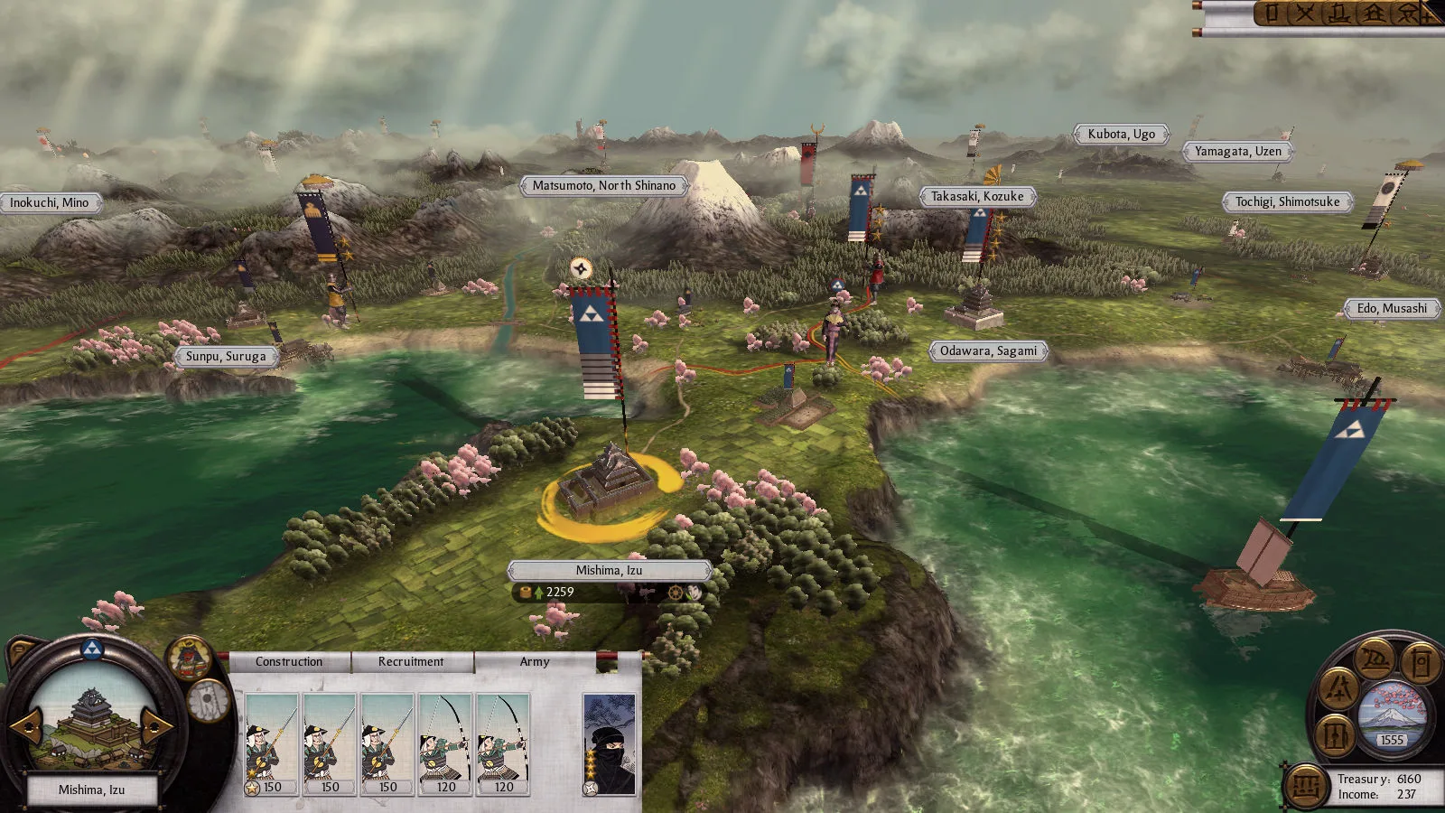 The original Total War Shogun 2 campaign map showing Mishima in Izu army cards treasury and income