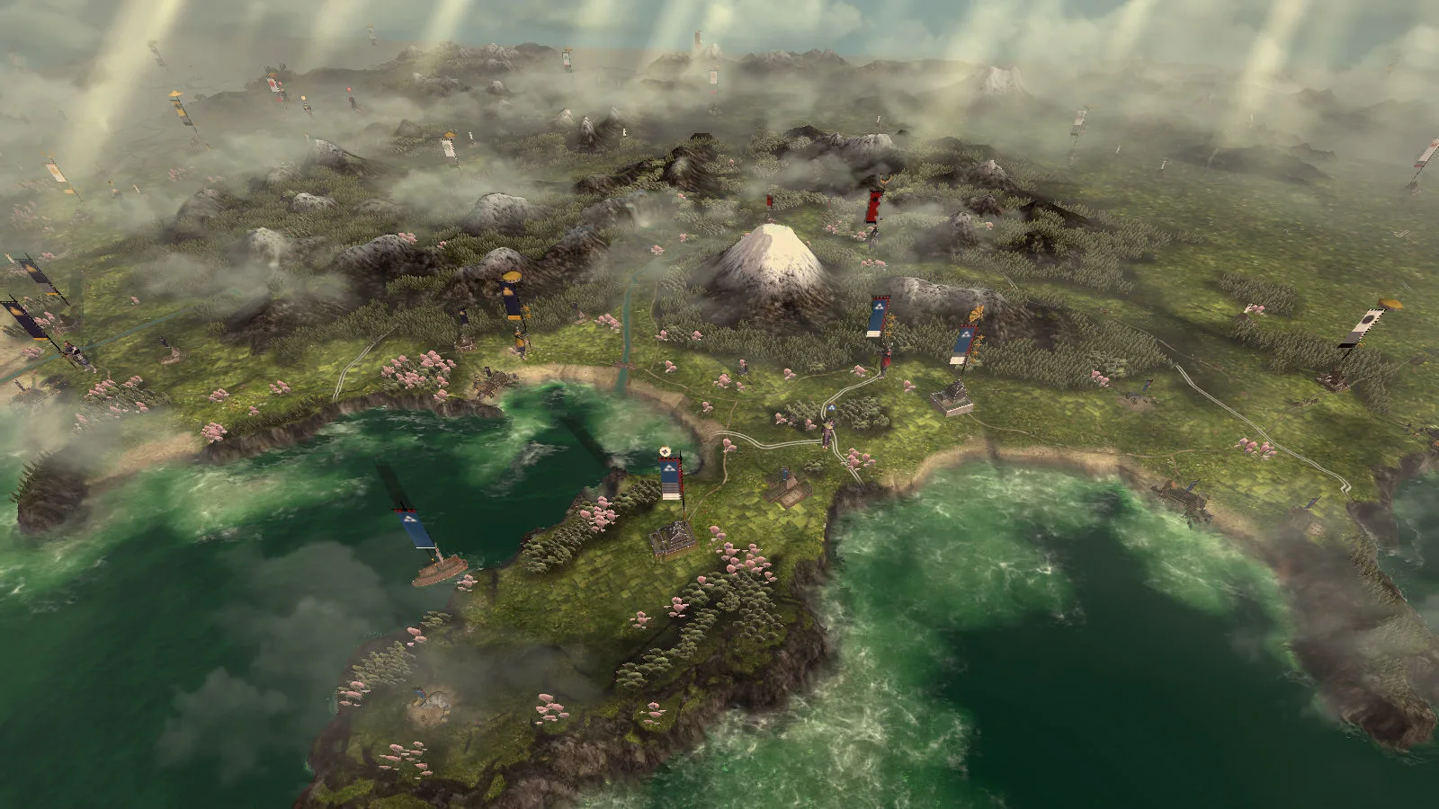 Classic Shogun 2 campaign map with roads and settlements showing how adjacent provinces create several possible army routes