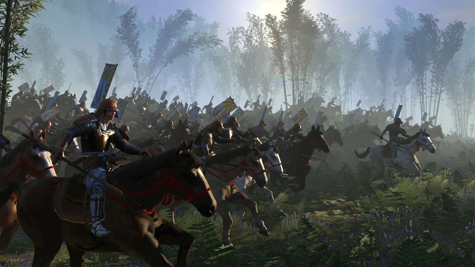 Mounted troops advancing through woodland in classic Shogun 2, illustrating threats to an exposed infantry flank