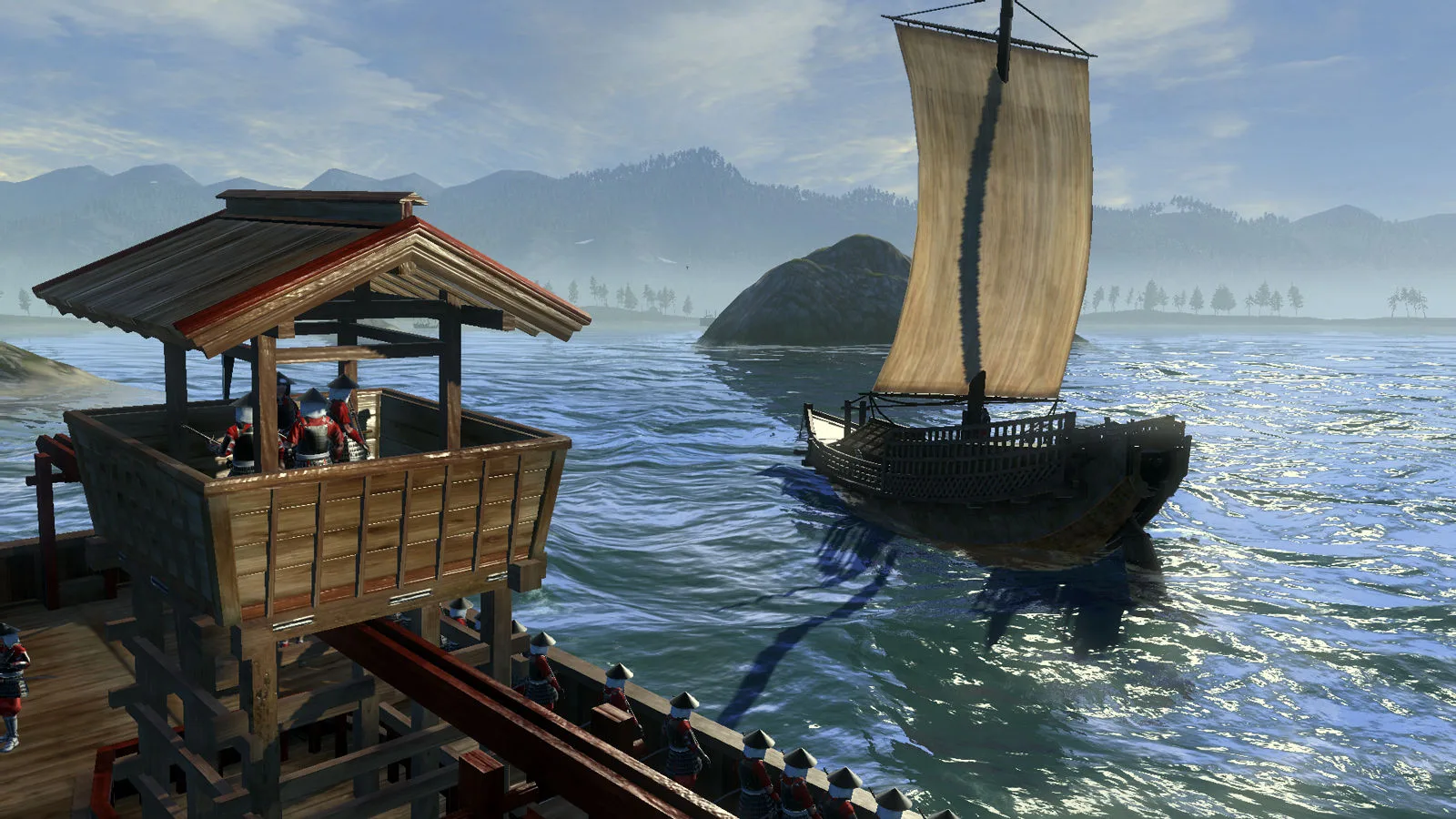 Wooden boats beside a Japanese harbor in classic Shogun 2, illustrating the naval infrastructure used for island expansion