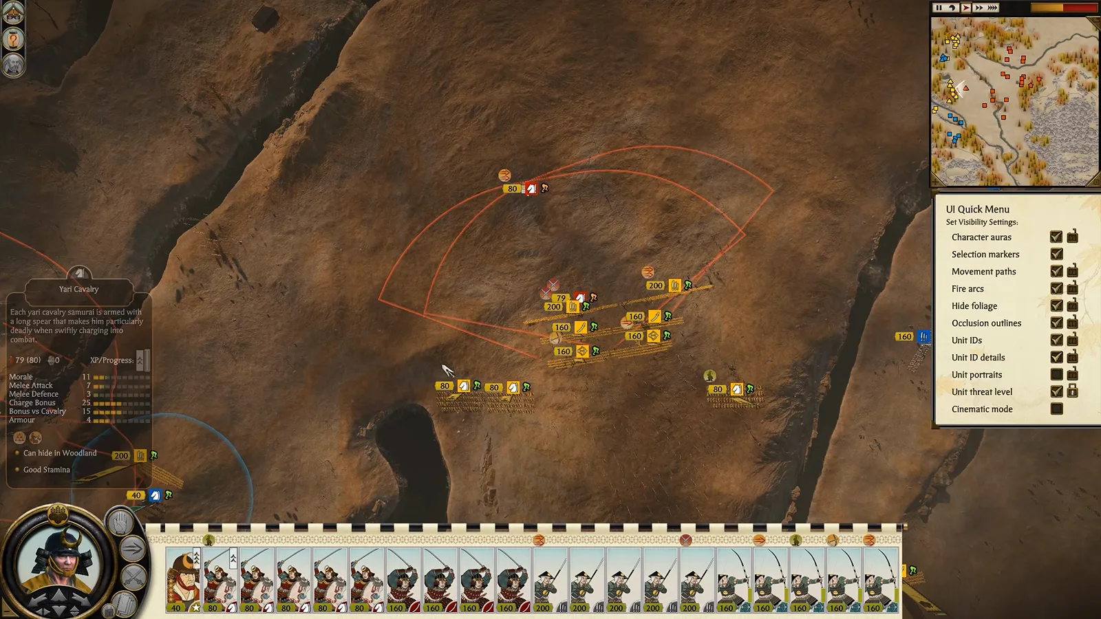 Total War Shogun 2 Complete Edition aerial battle view with the UI Quick Menu for movement paths fire arcs and unit markers