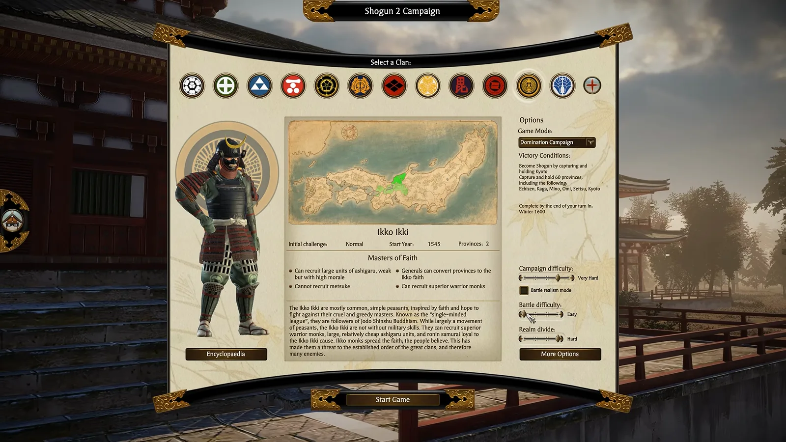Complete Edition Ikko Ikki clan selection screen with separate campaign difficulty, battle difficulty and Realm Divide sliders.