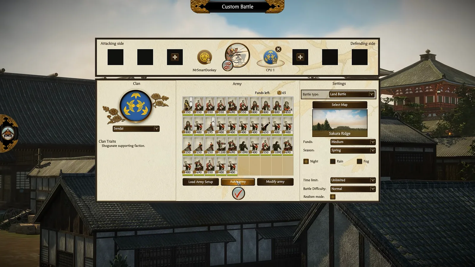 Total War Shogun 2 Complete Edition custom battle army selection with unit cards and battle settings