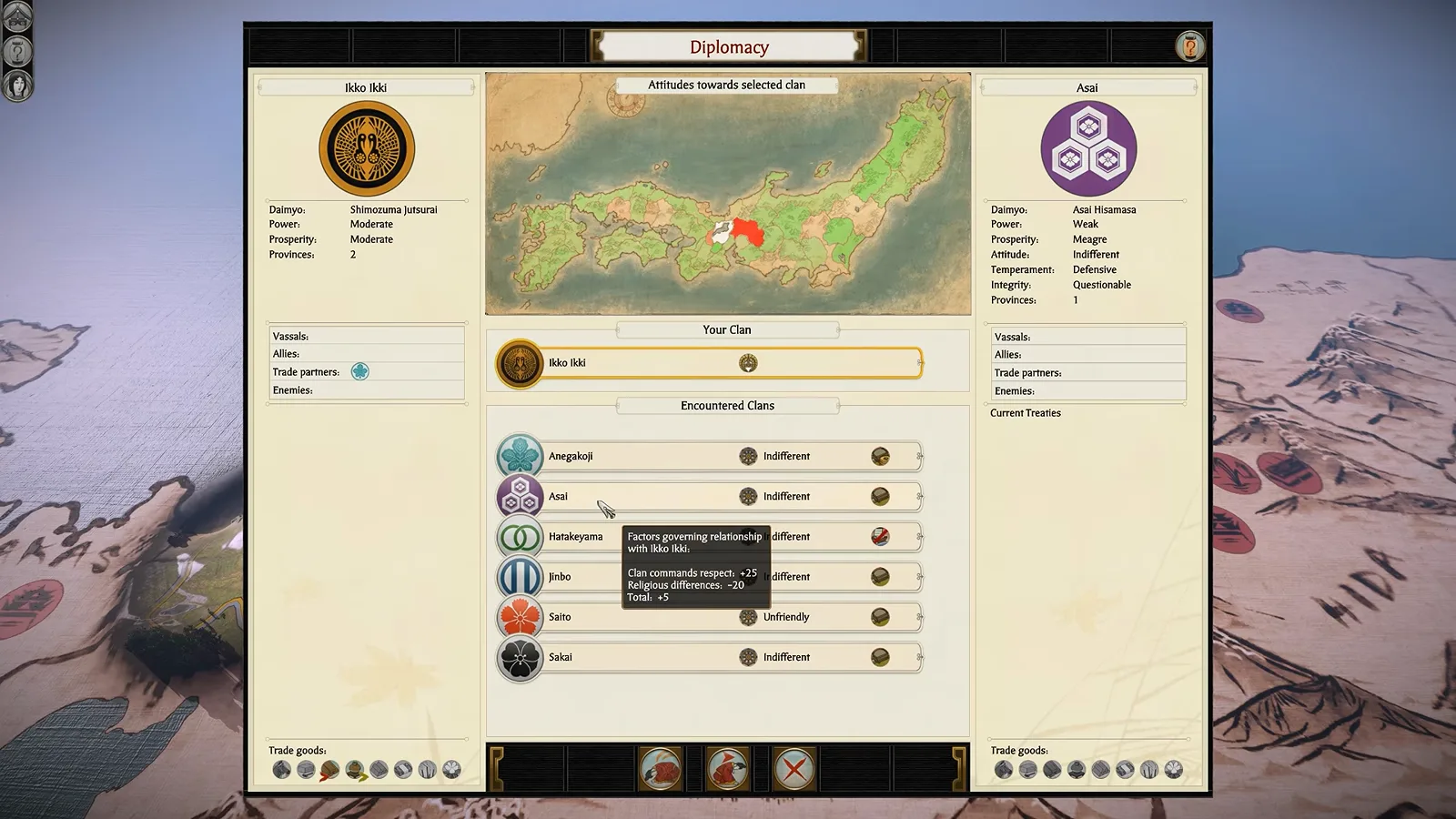 Total War Shogun 2 Complete Edition diplomacy screen listing clans encountered by Ikko Ikki and relations with Asai