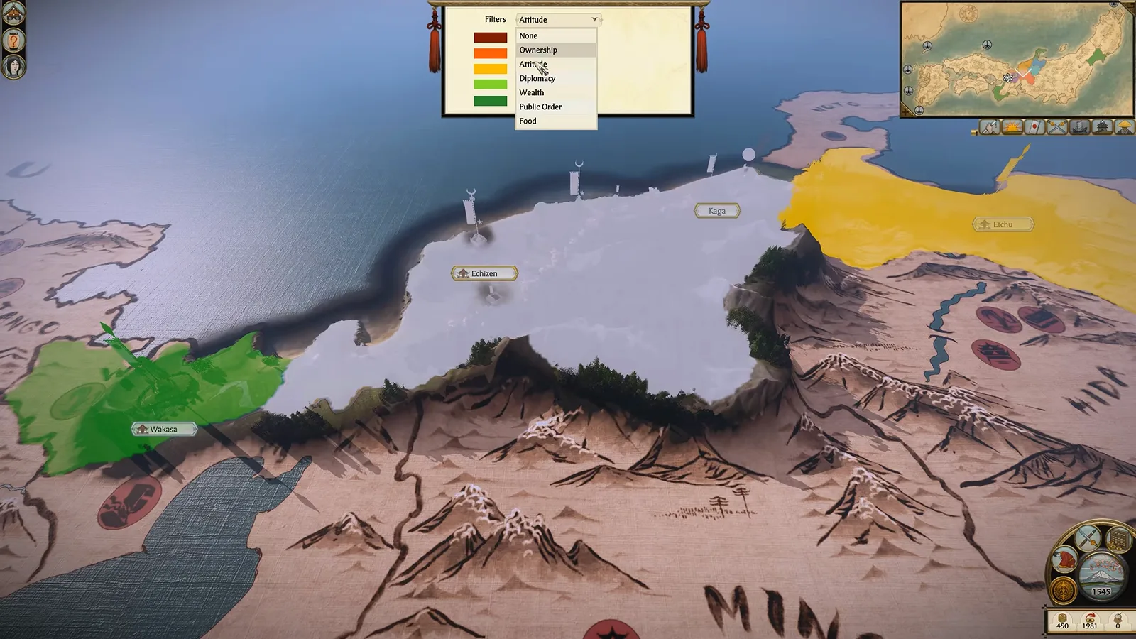 Total War Shogun 2 Complete Edition strategic map with a color coded province overlay across central Japan