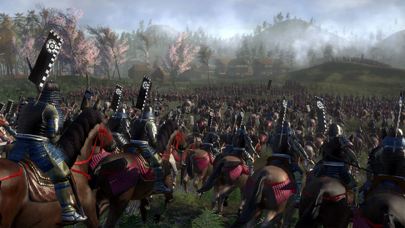 Mounted troops facing a dense infantry army on an open Shogun 2 battlefield