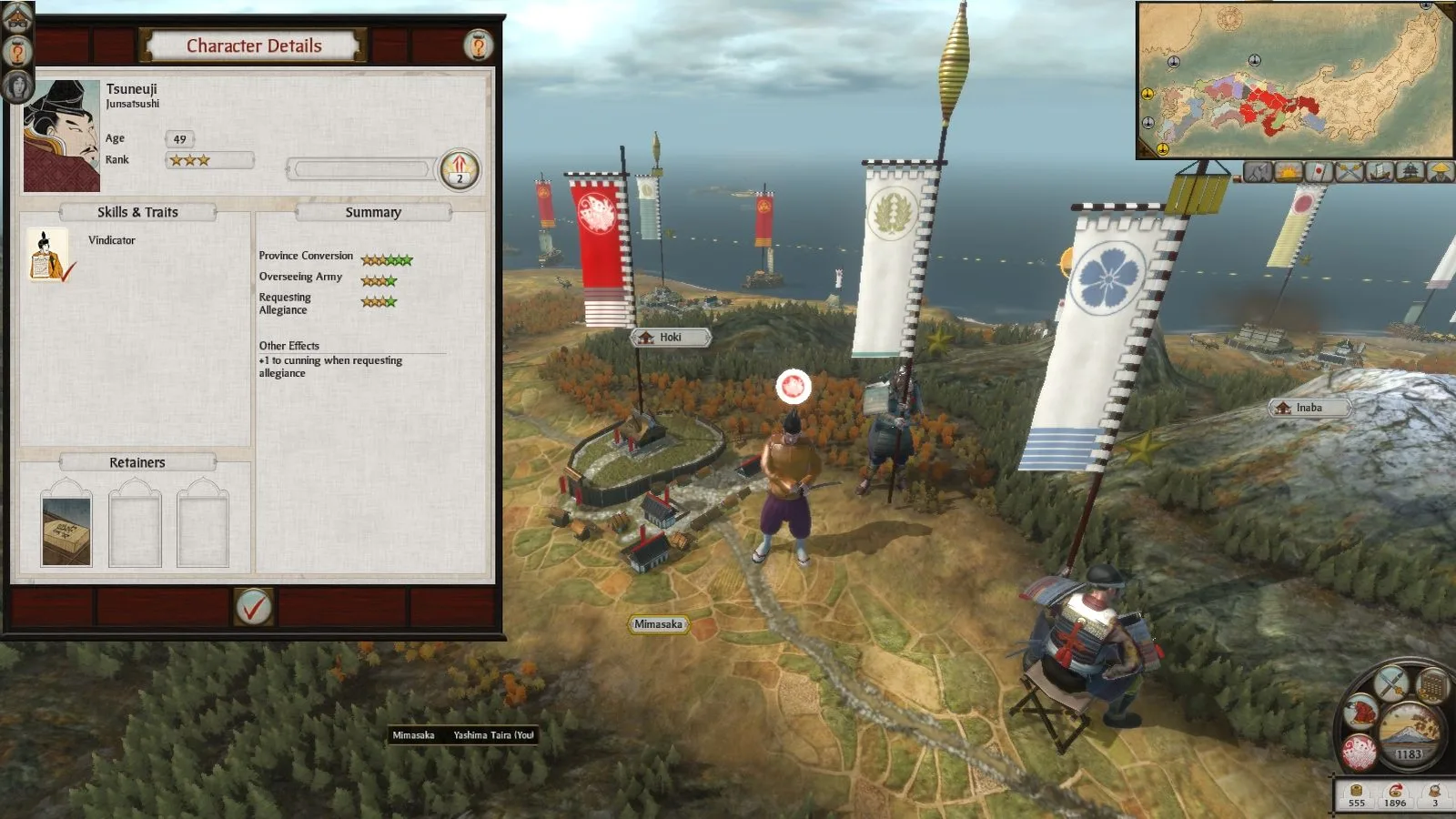 Rise of the Samurai Junsatsushi character panel showing Province Conversion, Overseeing Army and Requesting Allegiance skills.